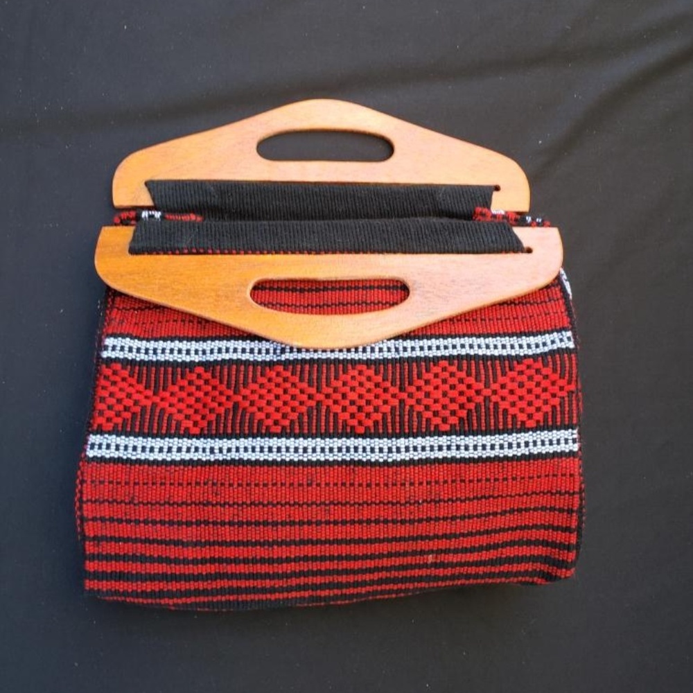 Recycled wooden handle artisan textile bag. New